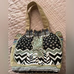 Laurel Burch Olive Green, Black, Cream and White Cat Tote Bag